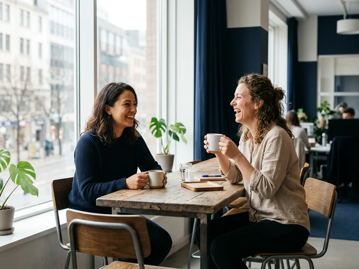 Two colleagues sharing a coffee break by an office window