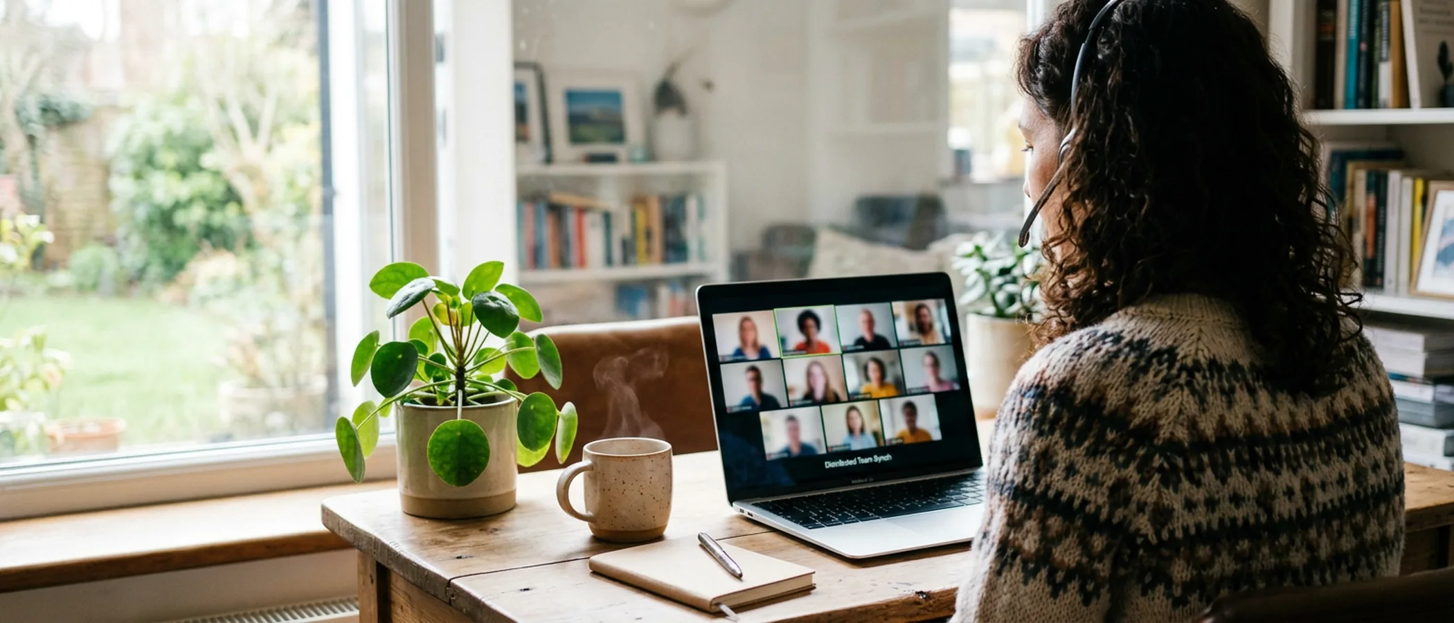 A distributed team on a video call, seen over one member's shoulder