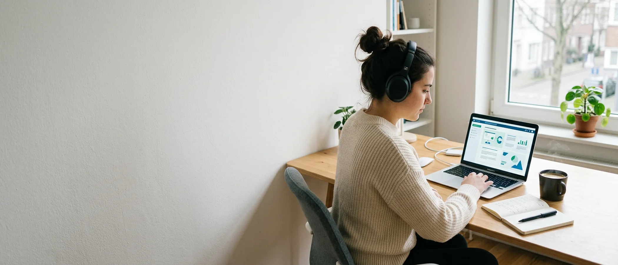 Person studying with headphones at a bright desk
