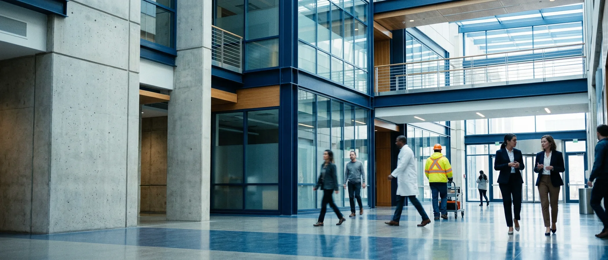 People from different sectors moving through a bright shared workspace