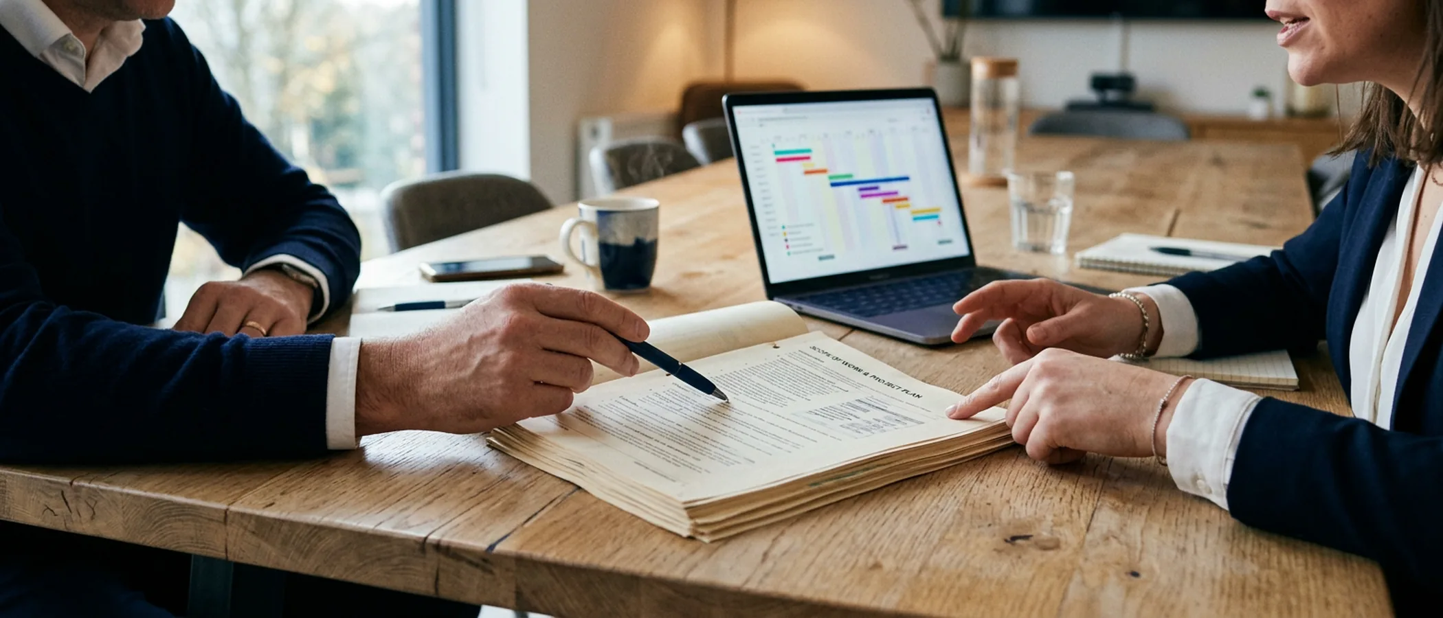 A printed scope document being reviewed at a desk