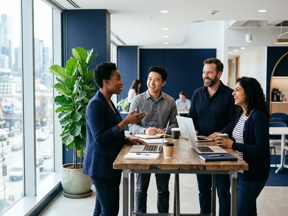 Consultants working together around a standing desk — illustrative image